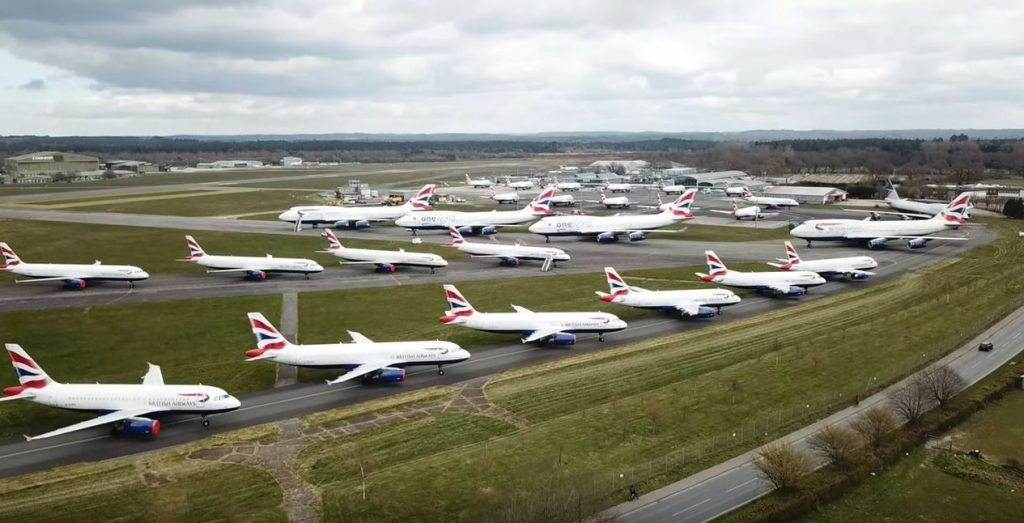 Impressive aerial footage shows British Airways planes parked at